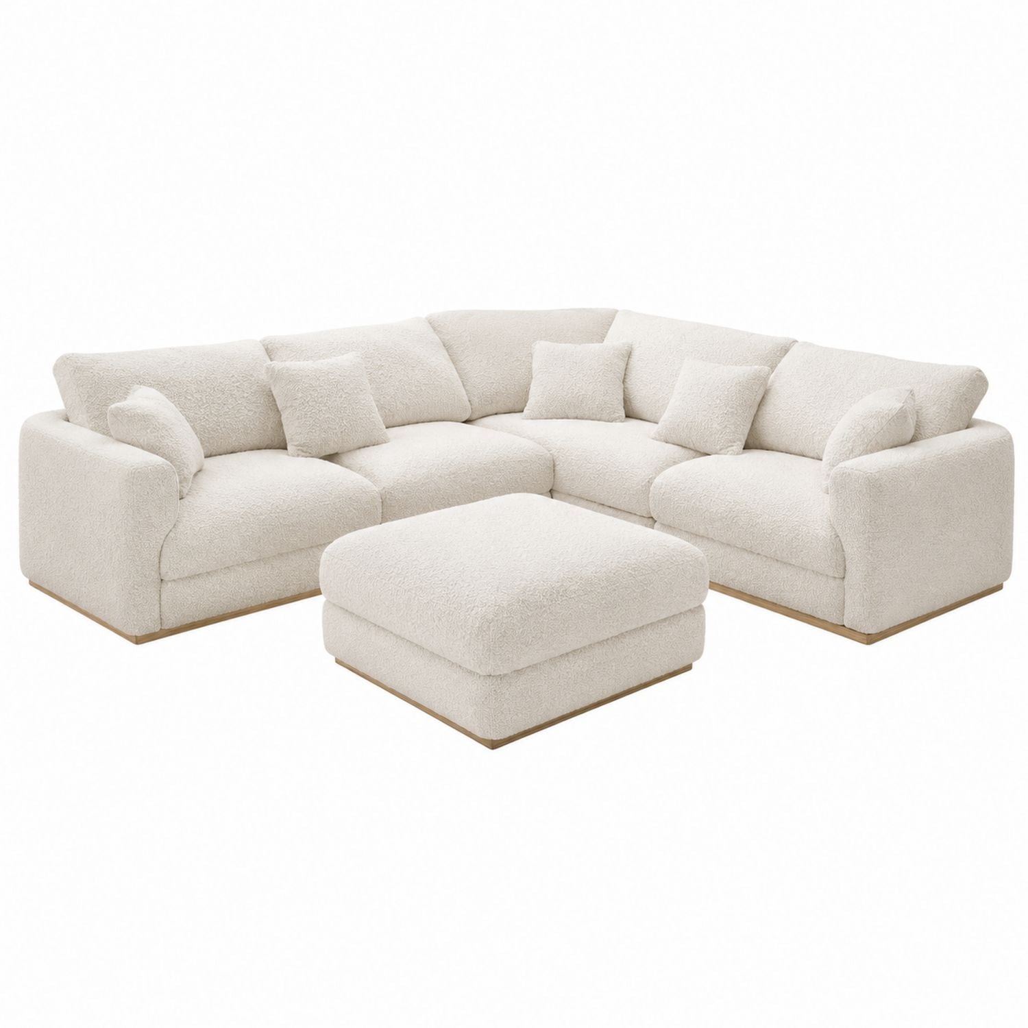 Narożna sofa z tkaniny bouclé kremowa z pufą 300 cm