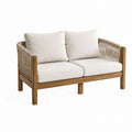 Sofa drewniana teak z tkaniną poliestrową, beżowa, 120x70x75 cm